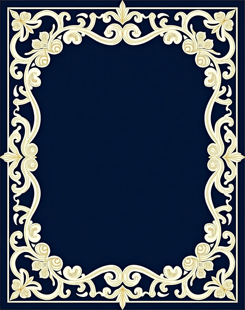 Ornate Gold Flourish Navy Border Rug