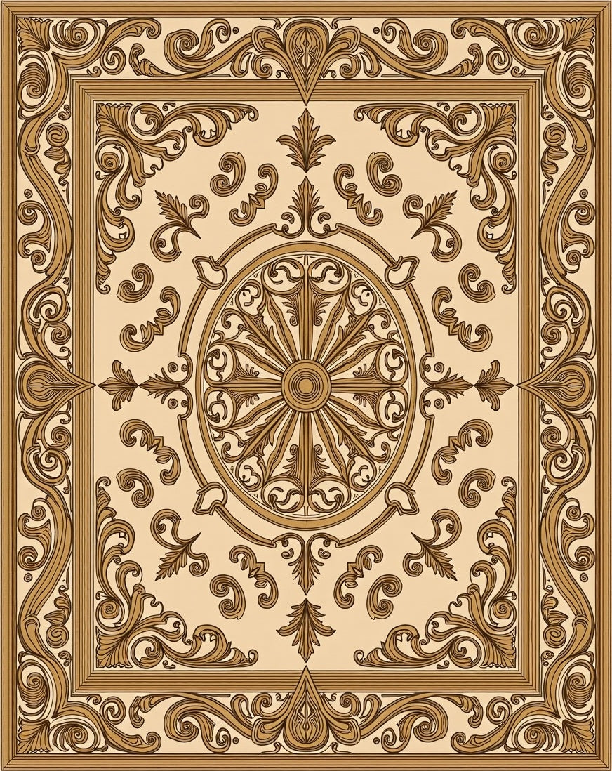 Ornate Scrollwork Golden Frame Rug