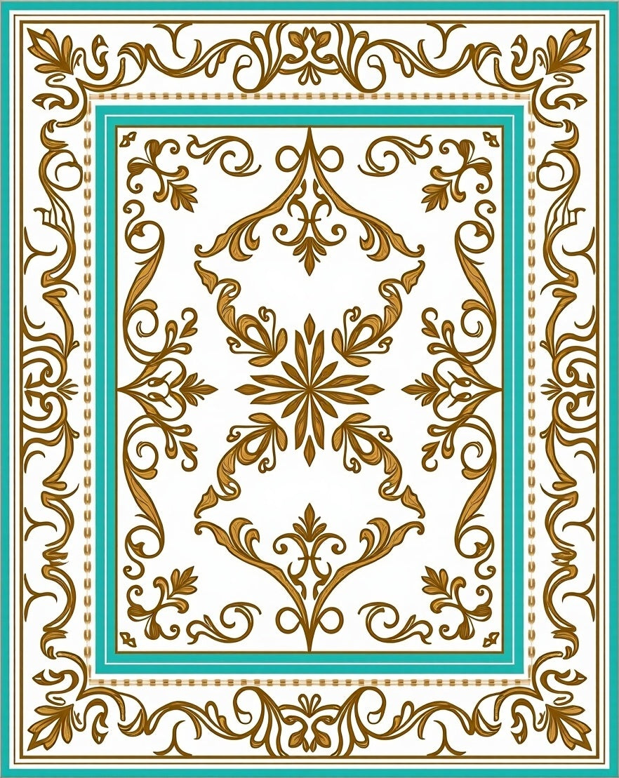 Elegant Gold Teal Scrollwork Pattern Rug