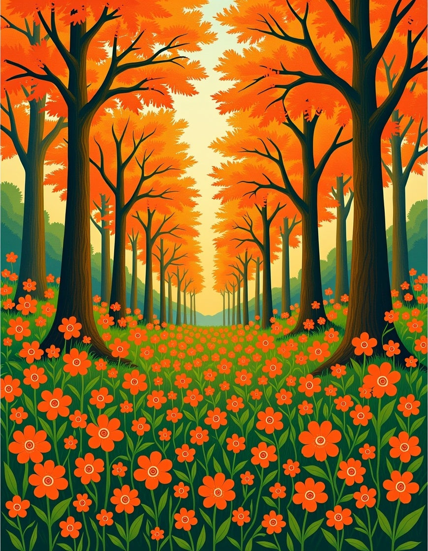 Autumn Forest With Orange Flowers Rug