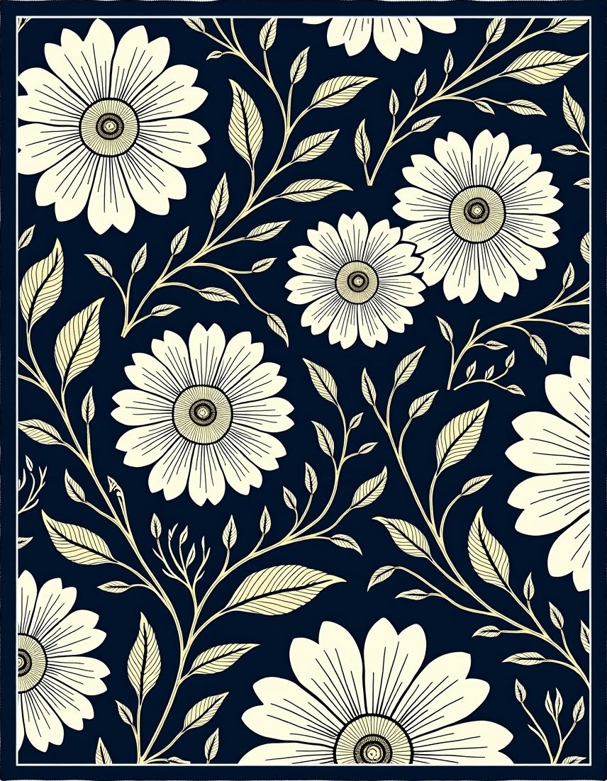 Dark Blue Floral Vine Pattern Rug