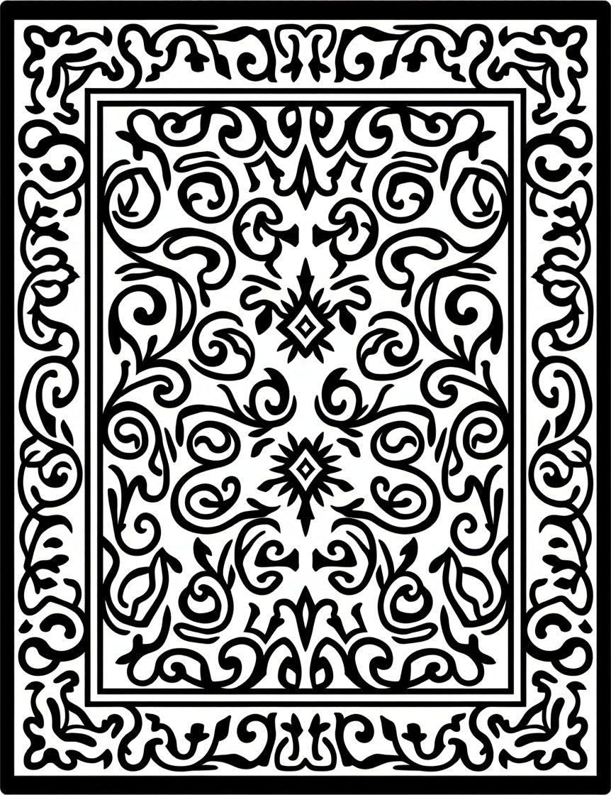 Black White Floral Scroll Work Rug