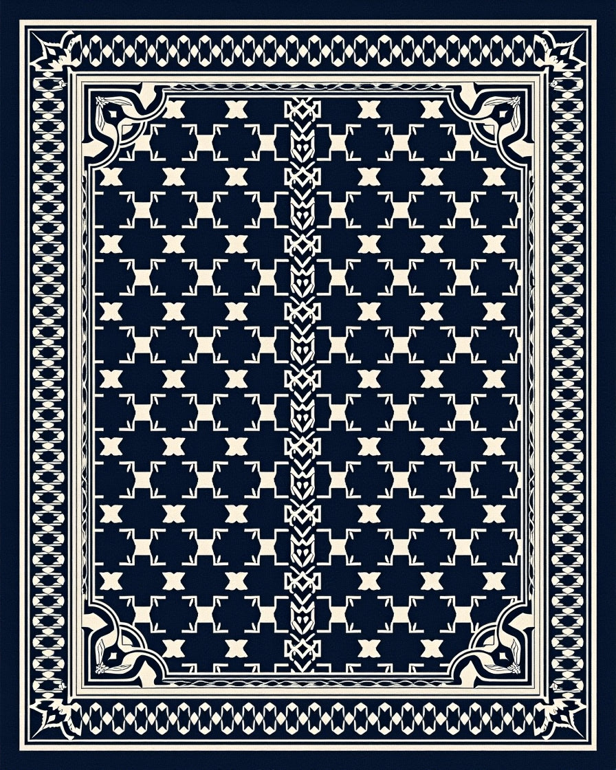 Geometric Navy Cream Medallion Pattern Rug