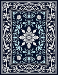 Dark Blue White Floral Scroll Pattern Rug