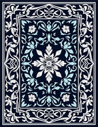 Dark Blue White Floral Scroll Pattern Rug