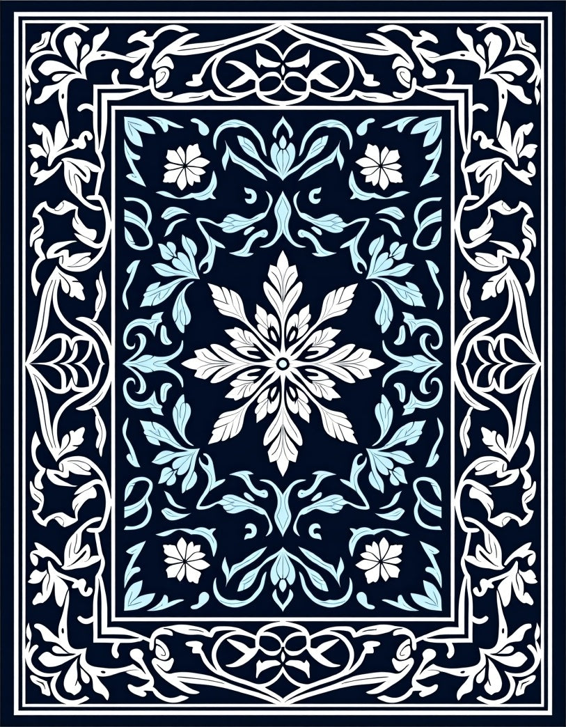 Dark Blue White Floral Scroll Pattern Rug