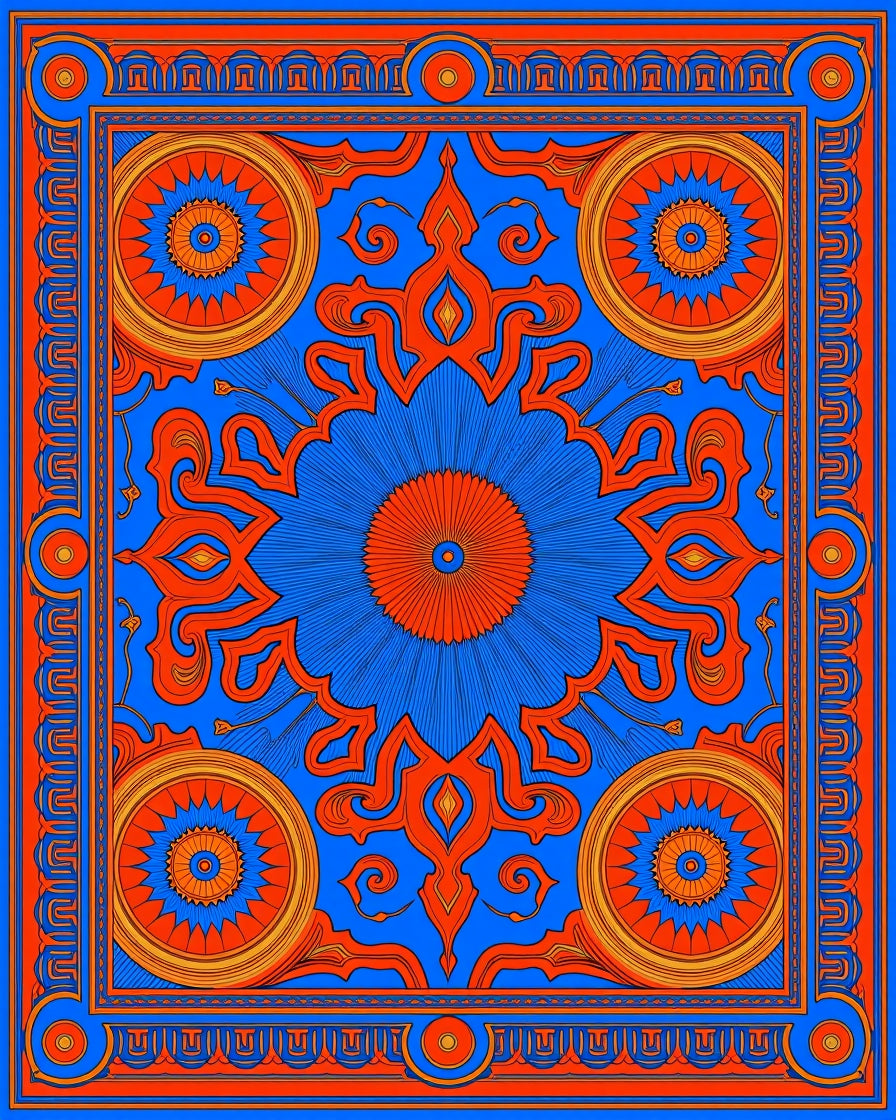 Bold Blue Orange Geometric Mandala Rug