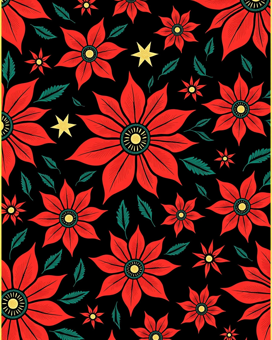 Vintage Red Poinsettia Black Star Rug