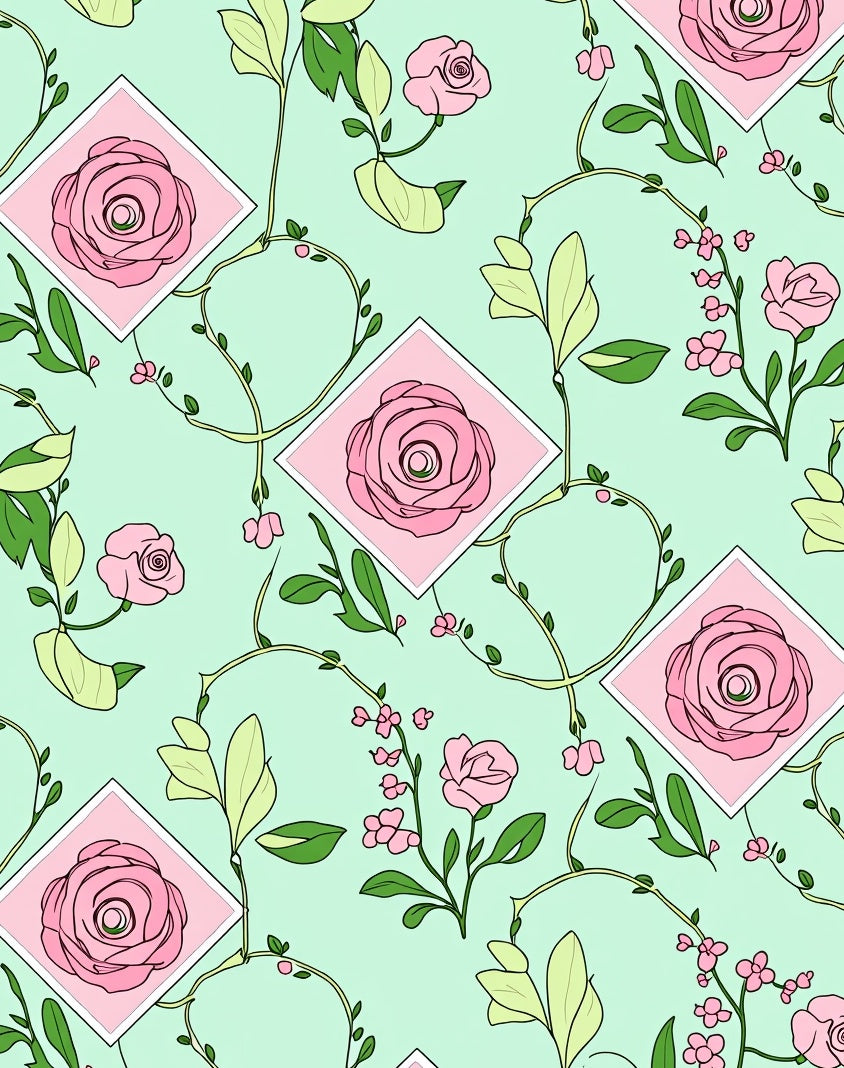 Pink Rose Vine Pattern Rug