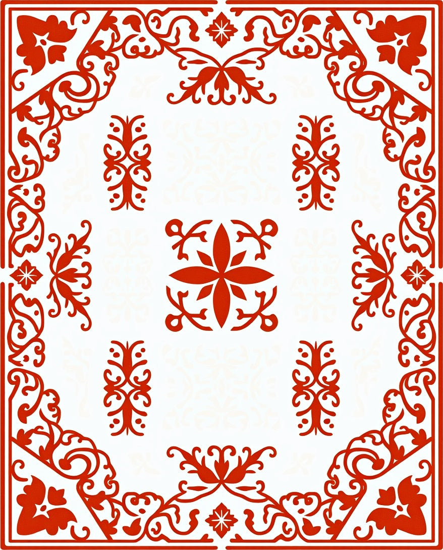 Ornate Red Scrollwork Floral Pattern Rug