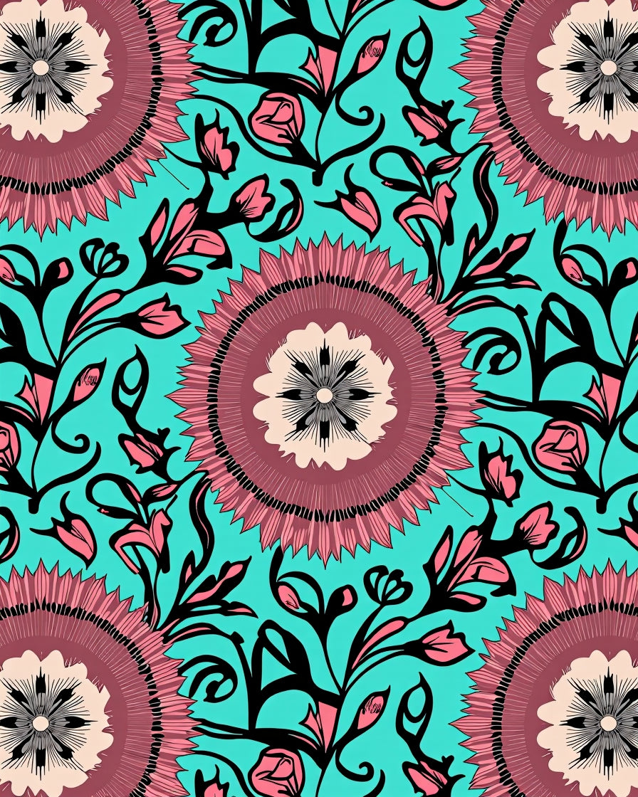 Aqua Pink Floral Mandala Print Rug