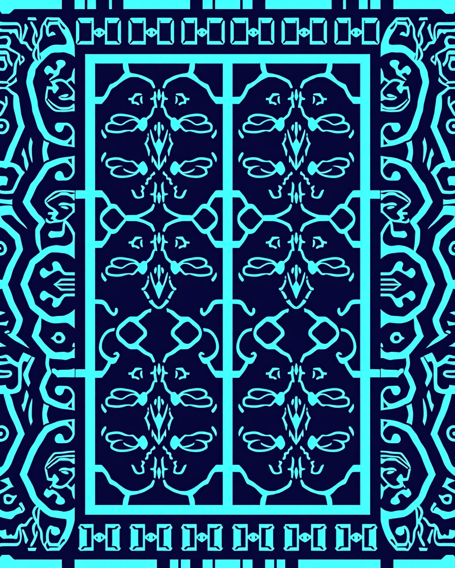 Intricate Cyan Geometric Tribal Design Rug