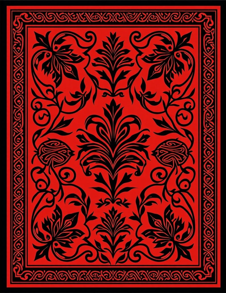 Bold Red Black Floral Pattern Rug