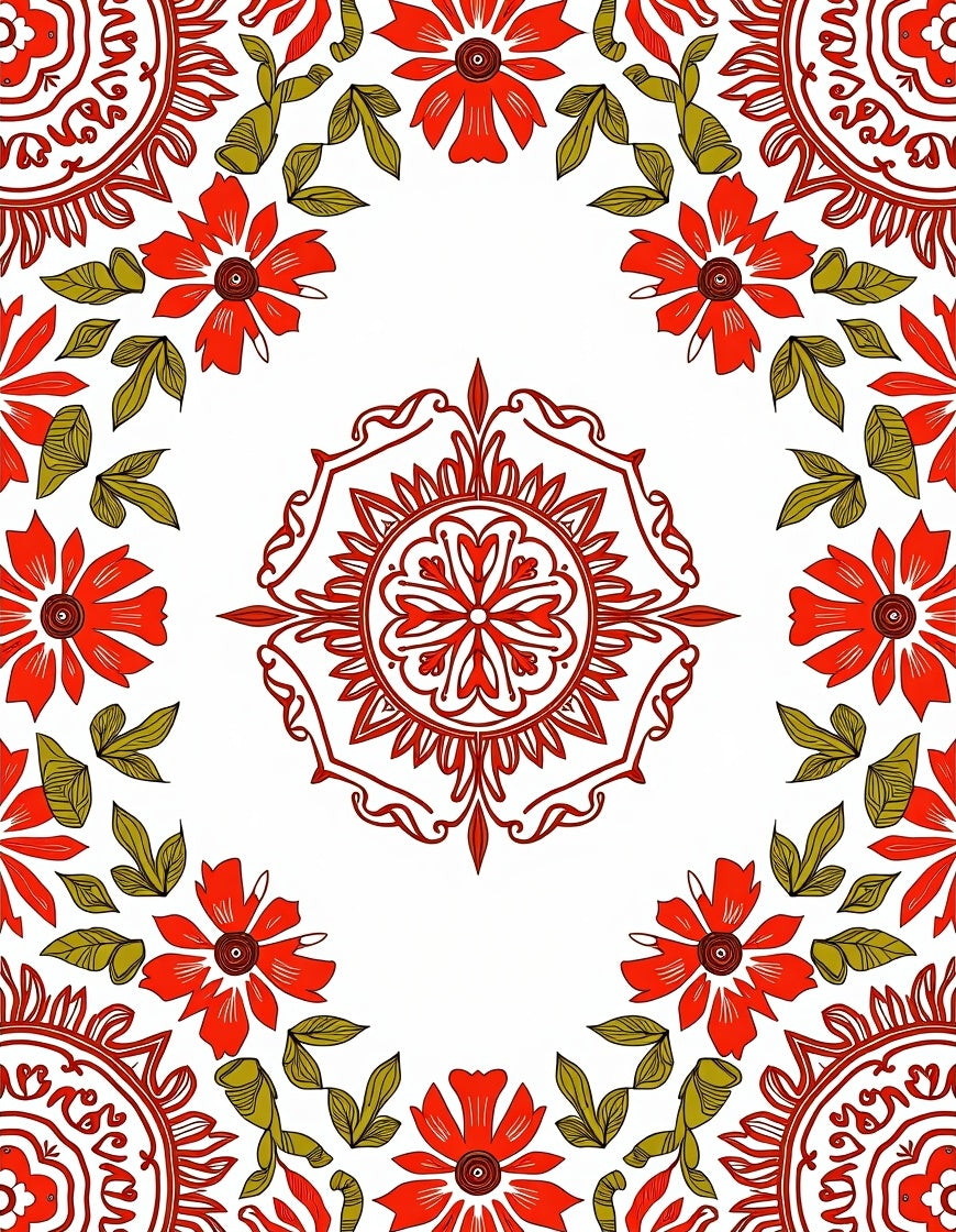 Red Floral Mandala and Leaf Pattern Rug