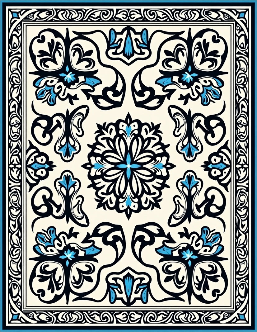 Ornate Floral Black Blue Ivory Rug