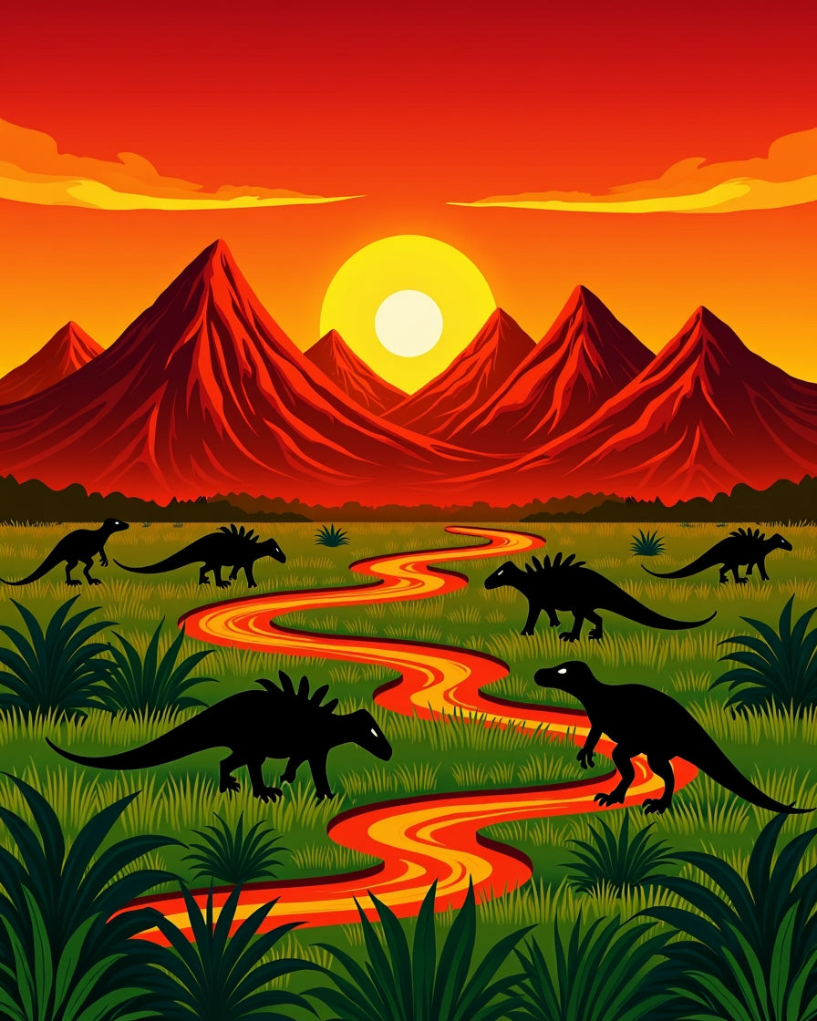 Dinosaurs in a Lava River Landscape Rug