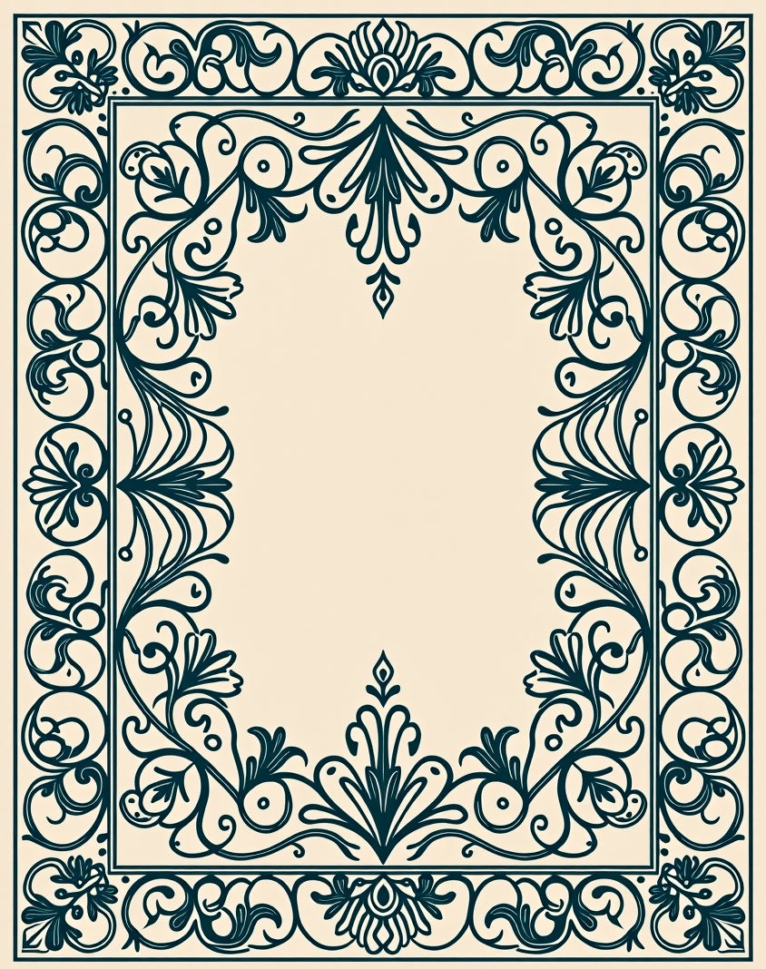 Ornate Dark Teal Scrollwork Floral Border Rug