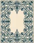 Ornate Dark Teal Scrollwork Floral Border Rug