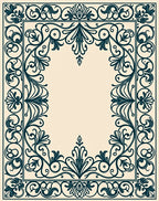 Ornate Dark Teal Scrollwork Floral Border Rug