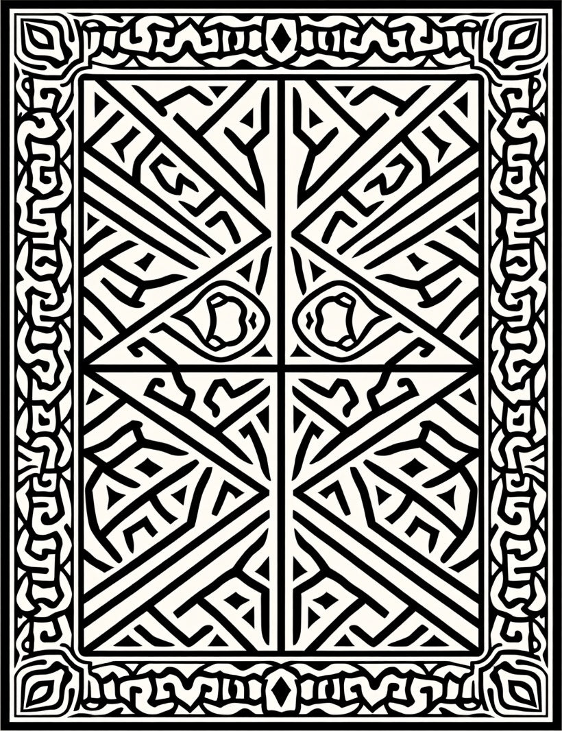 Intricate Black and White Geometric Maze Rug