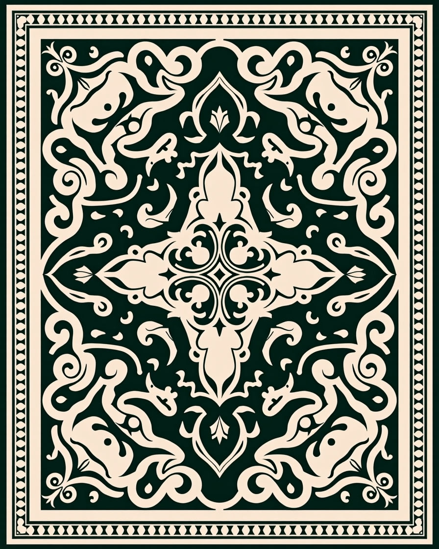 Dark Green Floral Scrollwork Traditional Rug