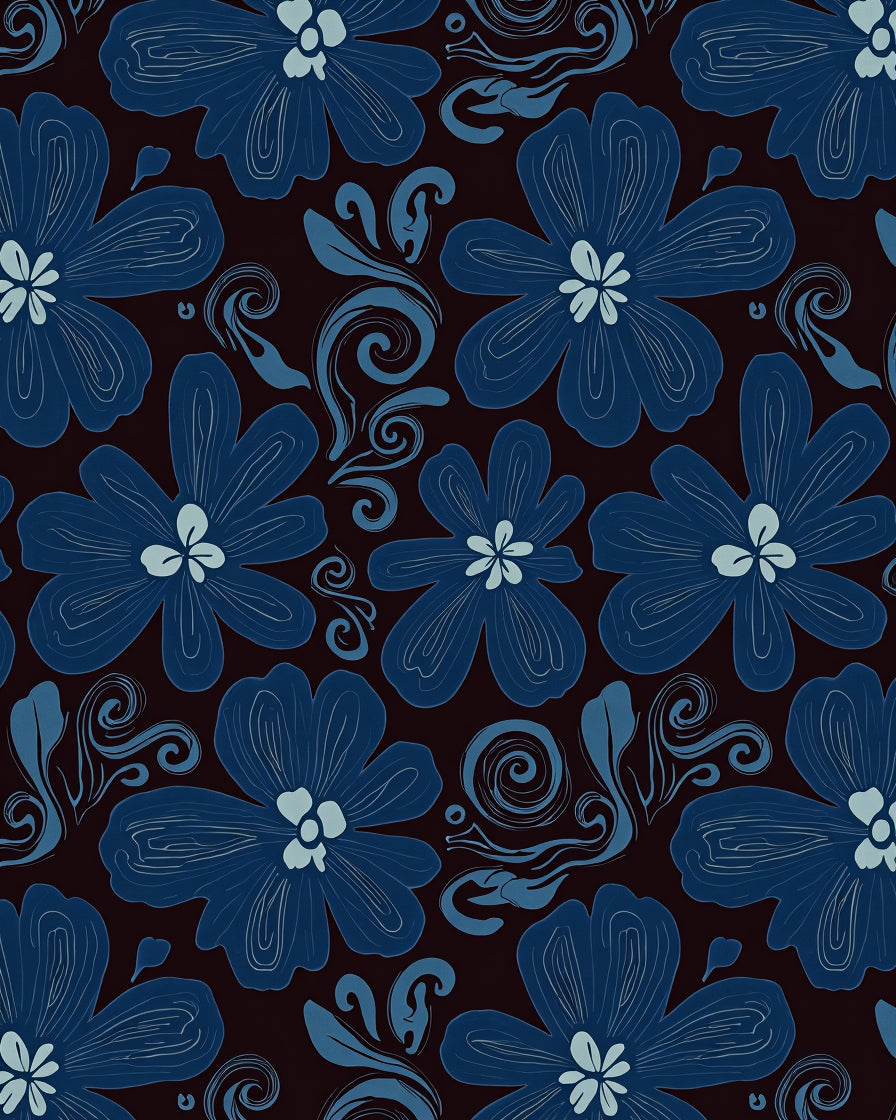 Deep Blue Floral Swirl Pattern Rug