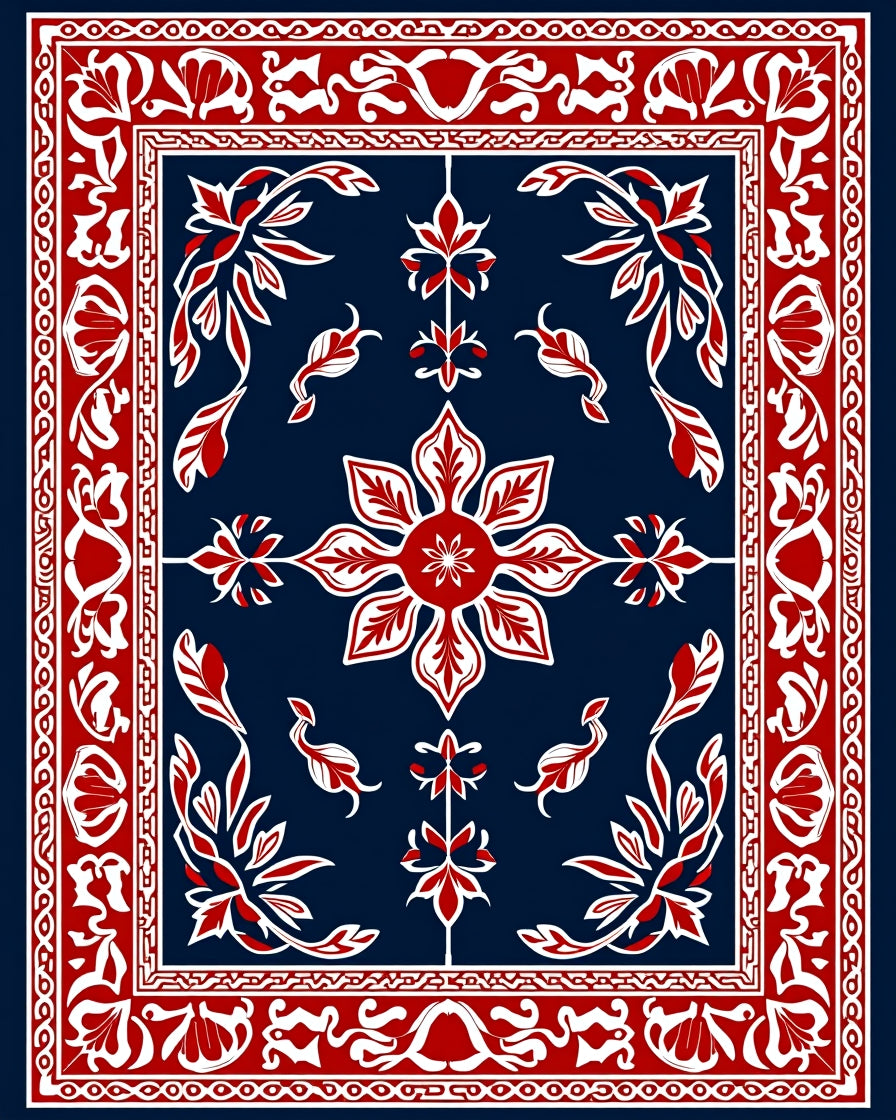 Classic Red White Blue Floral Design Rug