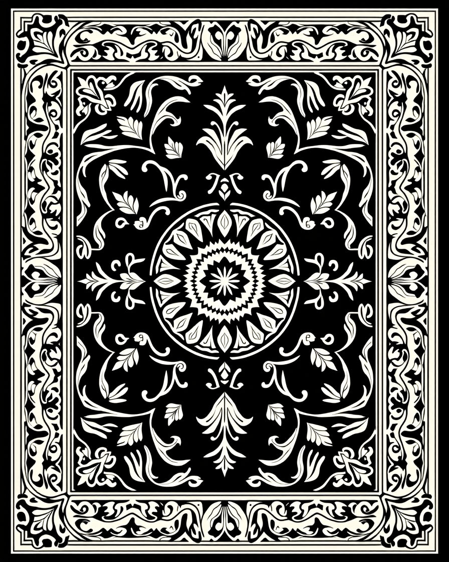Classic Floral Medallion Black And White Rug