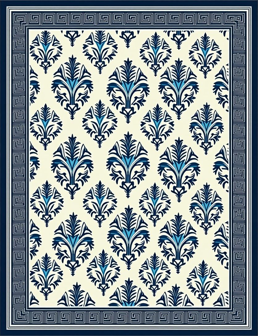 Classic Blue Ivory Damask Design Rug
