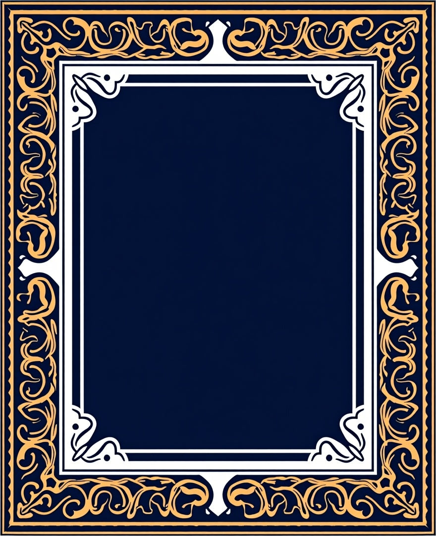 Gold Navy Ornate Scrollwork Border Design Rug