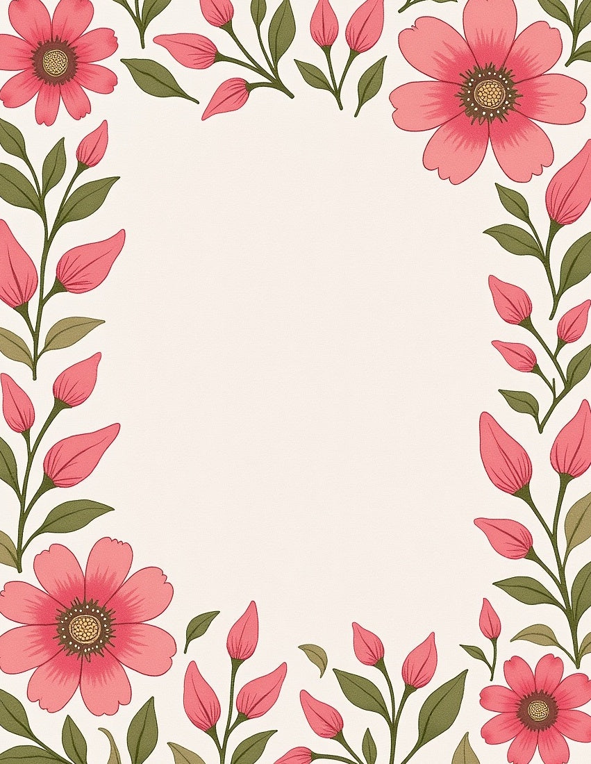 Pink floral border with green leaves Rug