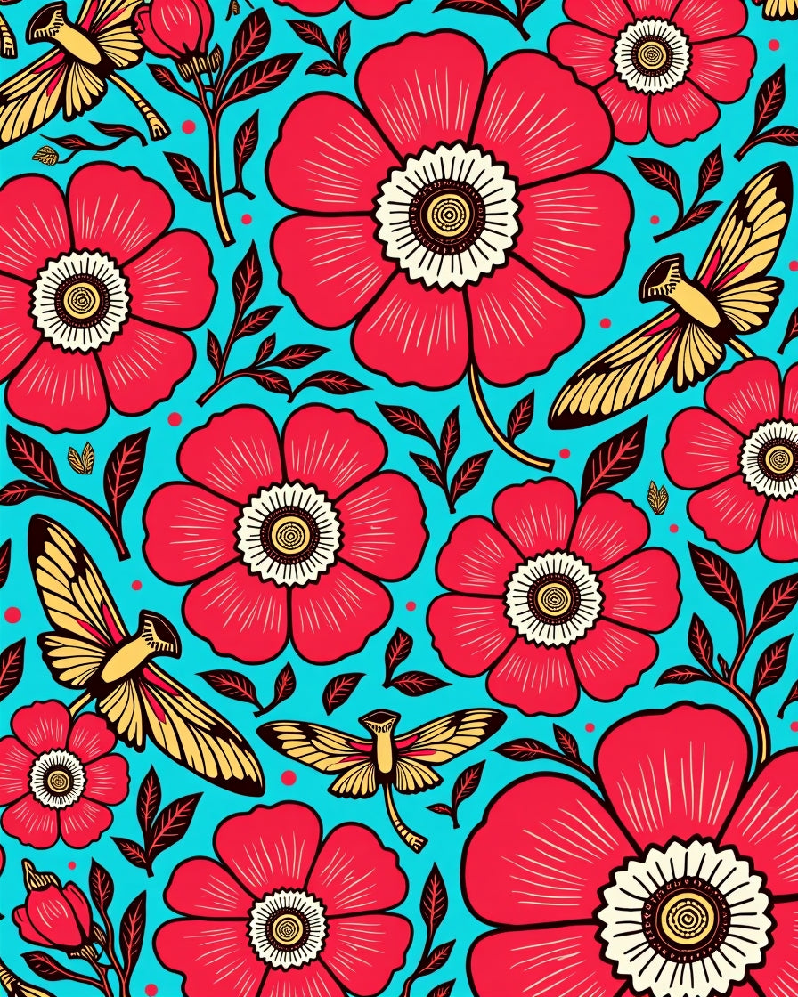 Vibrant Red Floral And Moth Design Rug