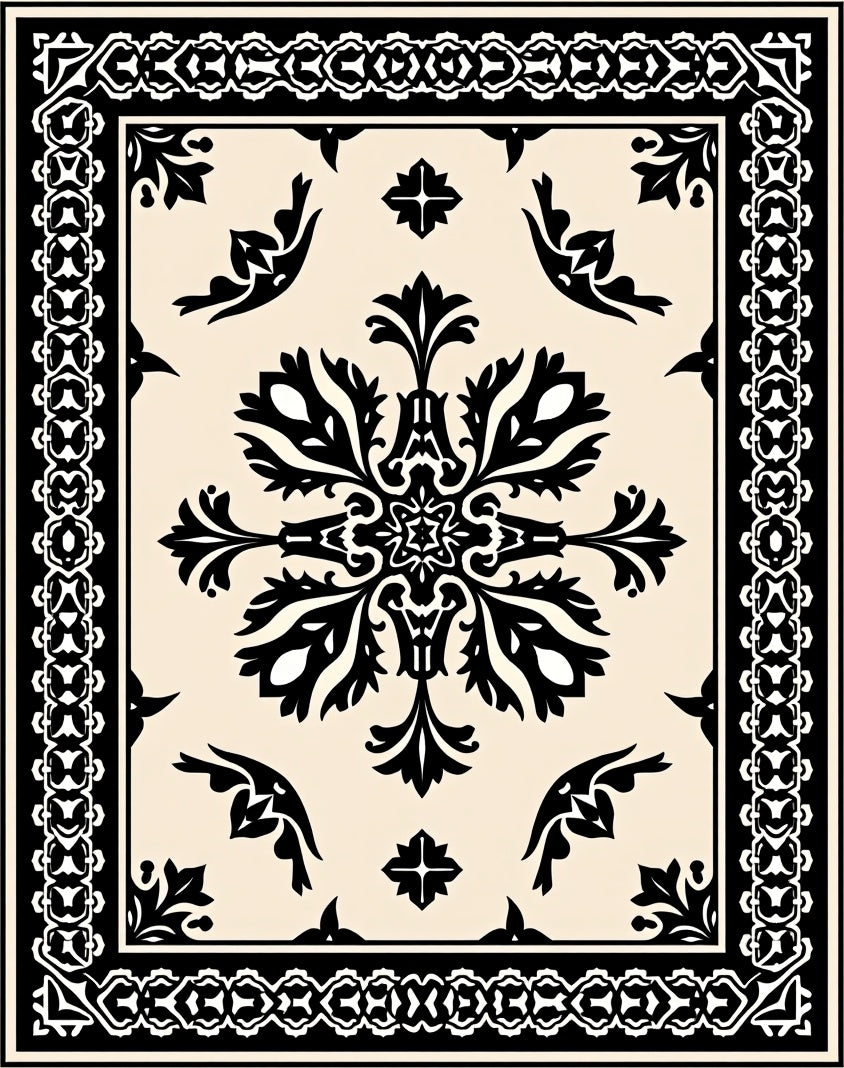 Ornate Black Floral Damask Border Rug