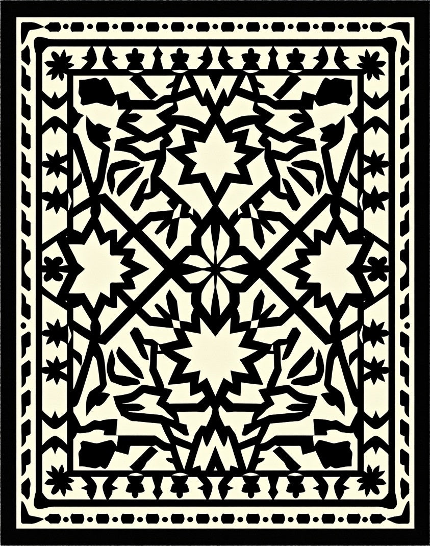 Intricate Geometric Black White Pattern Rug