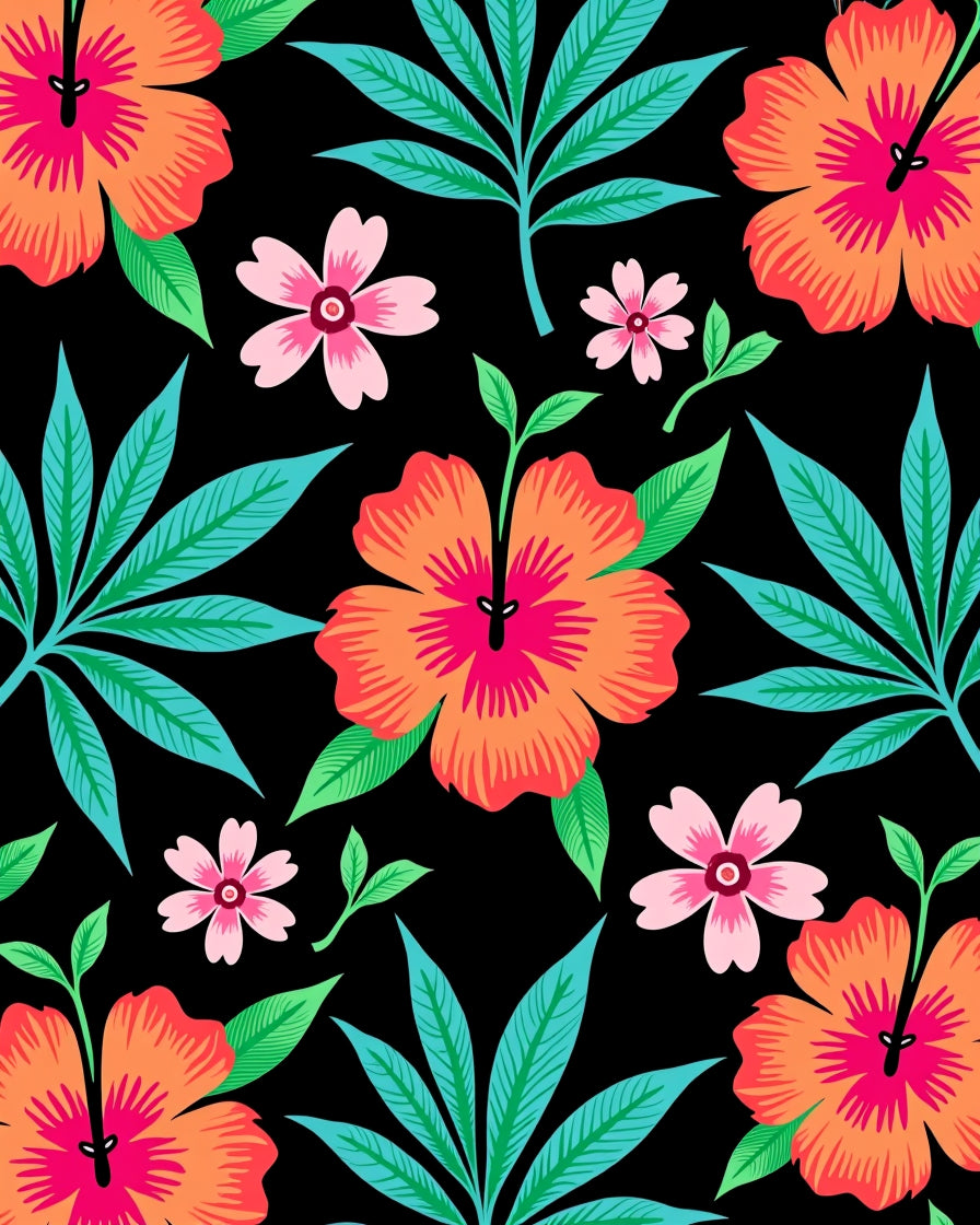Vibrant Coral Hibiscus Tropical Foliage Rug