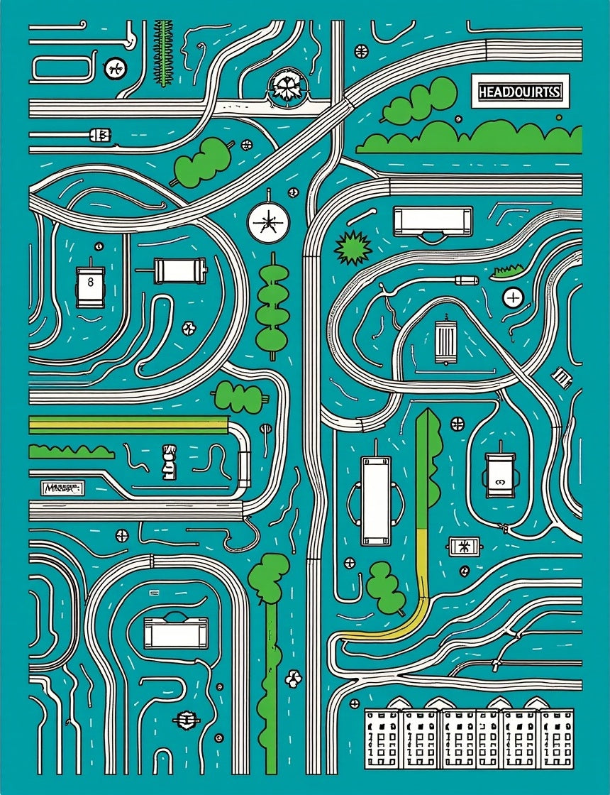 Whimsical Teal City Maze Art Rug