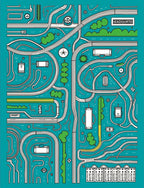 Whimsical Teal City Maze Art Rug