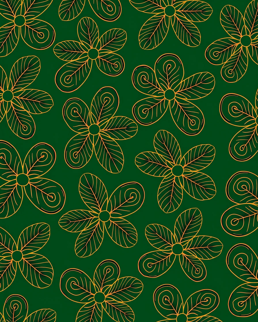 Golden Floral Outline on Deep Green Background Rug