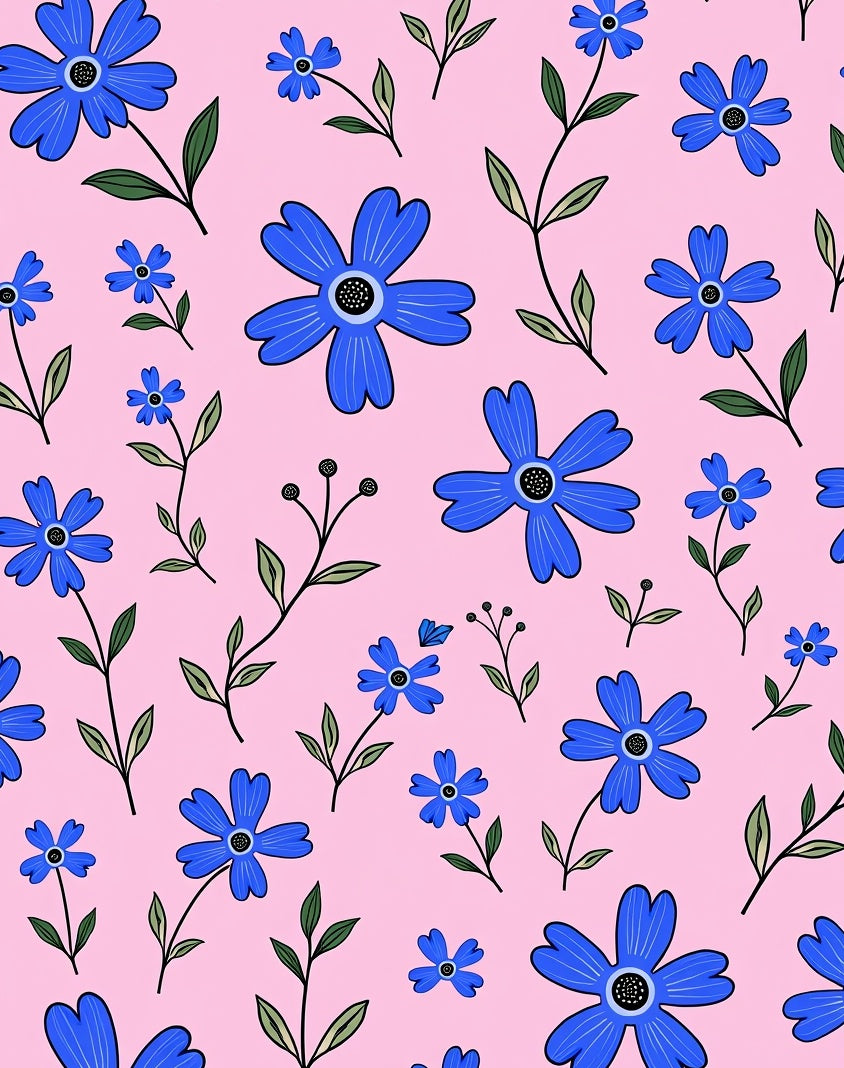 Blue Floral Pattern On Pink Background Rug