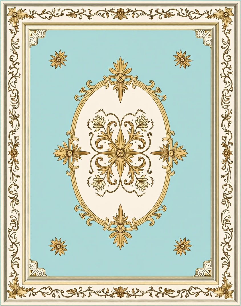 Ornate Gold Floral Ivory Turquoise Rug
