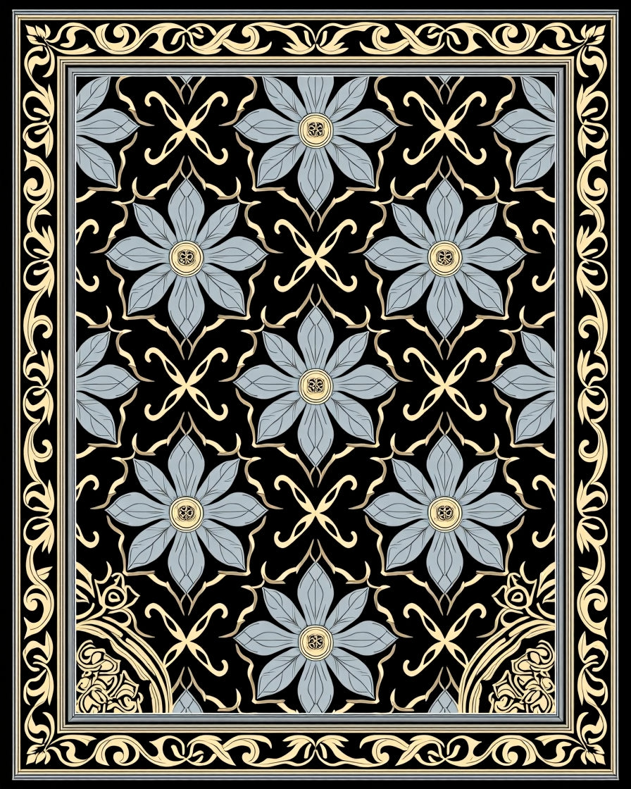 Ornate Floral Patterned Black Gold Rug