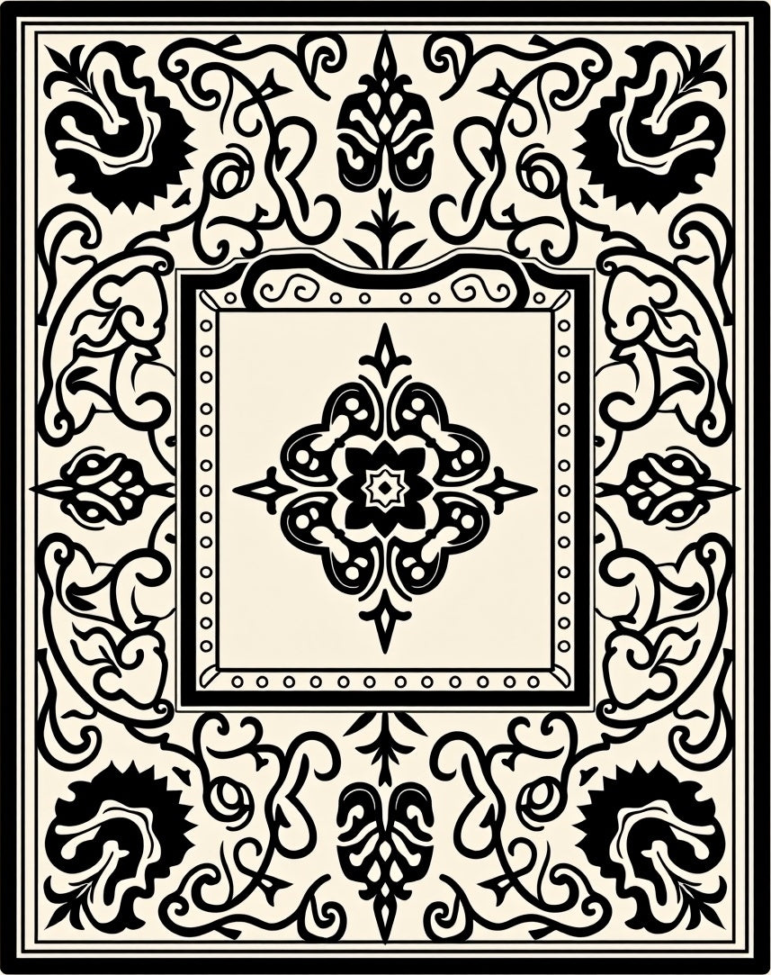 Ornate Black White Floral Filigree Rug