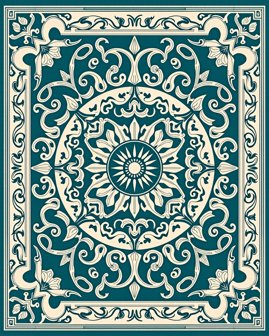 Intricate Teal Floral Medallion Pattern Rug