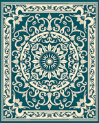 Intricate Teal Floral Medallion Pattern Rug