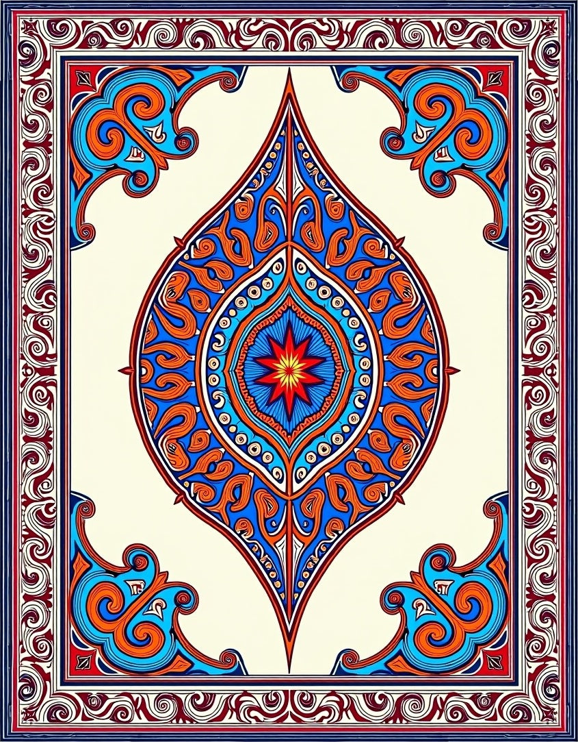 Ornate Blue Orange Floral Medallion Design Rug