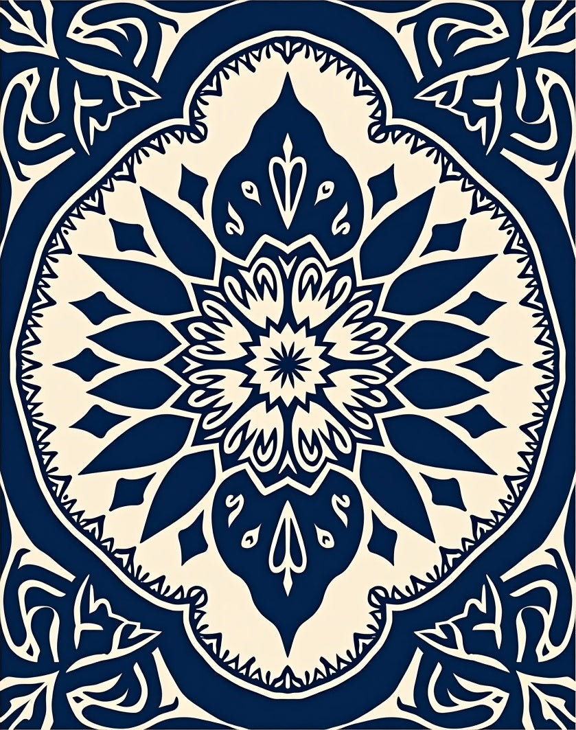 Elegant Navy Cream Mandala Pattern Rug