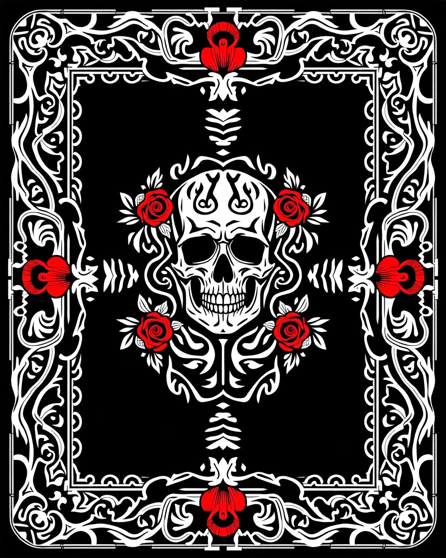 Black White Red Skull Roses Frame Rug