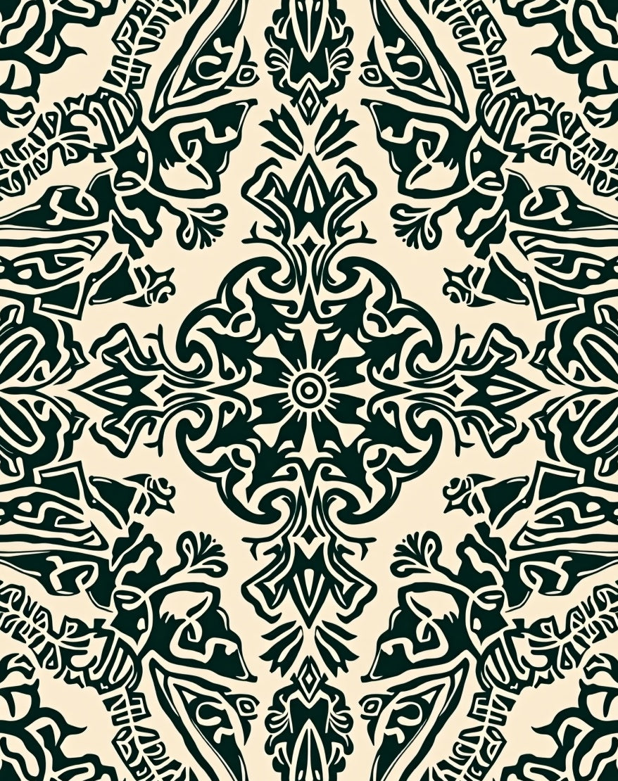 Intricate Ornamental Black Cream Pattern Rug