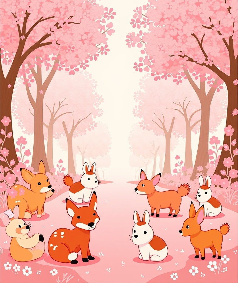 Cute Animals Blossom Trees Scene Rug