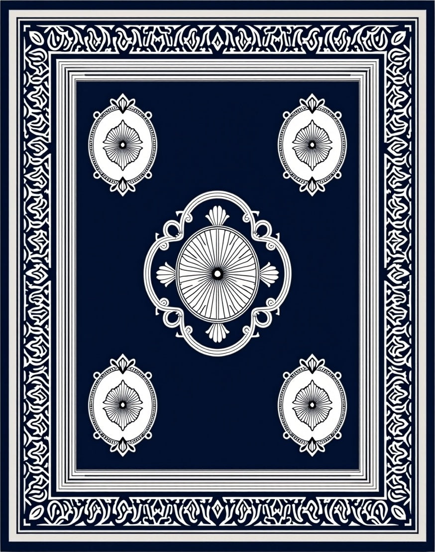 Classic Dark Navy White Medallion Rug